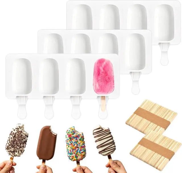 Main image of 3 Set Small Silicone Popsicle Molds Ice Cream Mould 4 Cavity Ice Lolly Mold White Oval Cake Pop Mould with 150 Pieces Wooden Sticks for DIY Cream Popsicle Cake