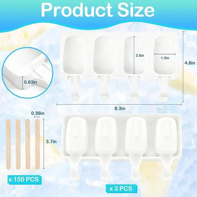 Alt view image 2 of 7 - 3 Set Small Silicone Popsicle Molds Ice Cream Mould 4 Cavity Ice Lolly Mold White Oval Cake Pop Mould with 150 Pieces Wooden Sticks for DIY Cream Popsicle Cake