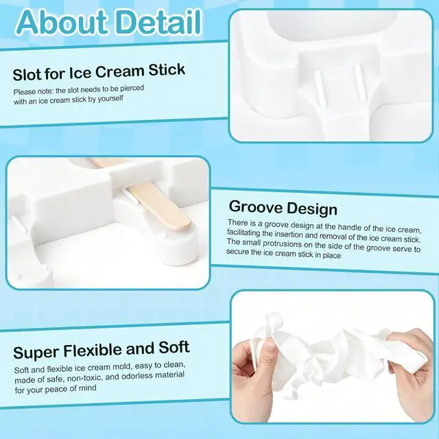 Alt view image 3 of 7 - 3 Set Small Silicone Popsicle Molds Ice Cream Mould 4 Cavity Ice Lolly Mold White Oval Cake Pop Mould with 150 Pieces Wooden Sticks for DIY Cream Popsicle Cake