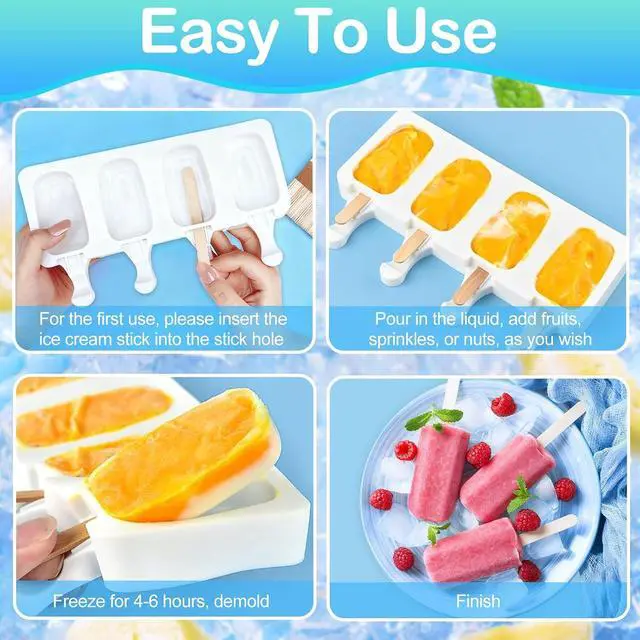 Alt view image 4 of 7 - 3 Set Small Silicone Popsicle Molds Ice Cream Mould 4 Cavity Ice Lolly Mold White Oval Cake Pop Mould with 150 Pieces Wooden Sticks for DIY Cream Popsicle Cake