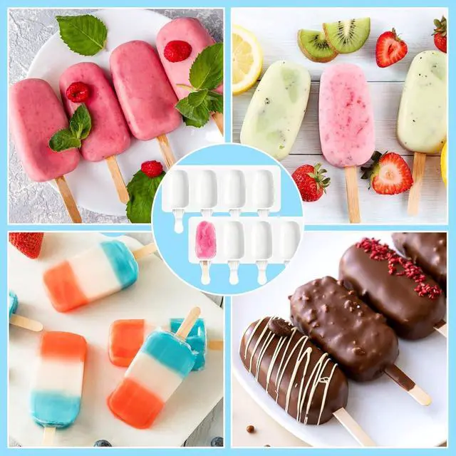 Alt view image 6 of 7 - 3 Set Small Silicone Popsicle Molds Ice Cream Mould 4 Cavity Ice Lolly Mold White Oval Cake Pop Mould with 150 Pieces Wooden Sticks for DIY Cream Popsicle Cake