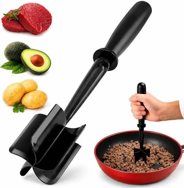 Main image of Meat Masher for Ground Beef, 5-Blade Heat-Resistant Nylon Hamburger Chopper for Nonstick Cookware, Dishwasher Safe, Black