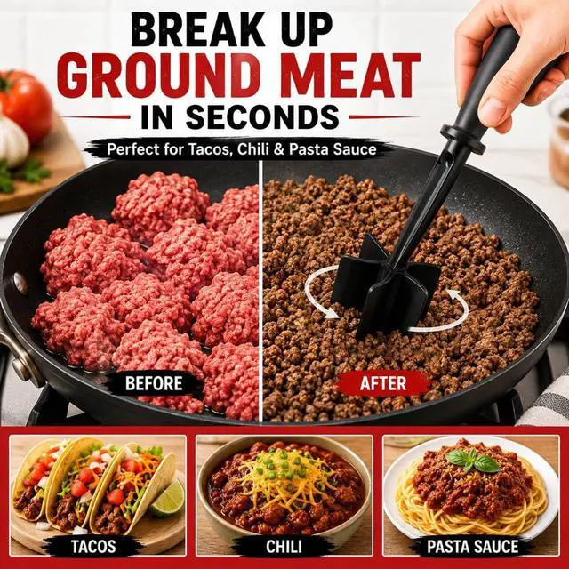 Alt view image 2 of 7 - Meat Masher for Ground Beef, 5-Blade Heat-Resistant Nylon Hamburger Chopper for Nonstick Cookware, Dishwasher Safe, Black
