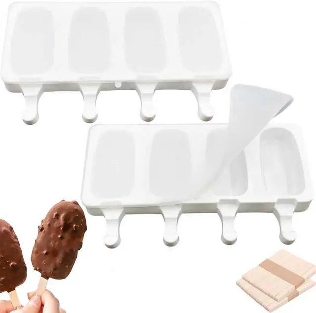 Main image of 2Pcs Large-sized Popsicle Molds with Lid Silicone Ice Pop Molds | 4 Cavities Ice Cream Reusable and 100 Pcs Wooden