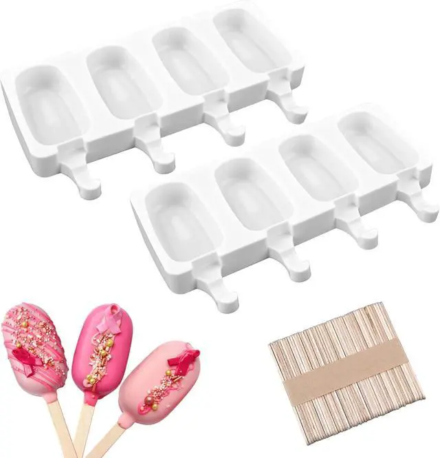 Main image of Sakolla 2 Pack 4 Cavity Mini Popsicle Silicone Molds with 50 Wooden Sticks | Food Grade Silicone, Easy to Use, for Ice Pop, Cakesicles, Cake Pop, Ice Cream