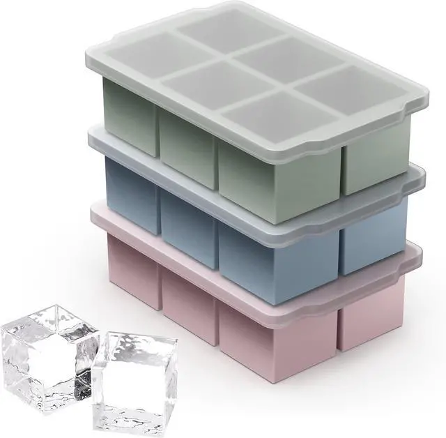 Main image of VLM 3 Packs Large Ice Cube Molds with Stackable Lid,Silicone Ice Cube Tray for Freezer,Big Square Ice Tray for Whiskey,Cocktails,Bourbon and Soups (Neutral)