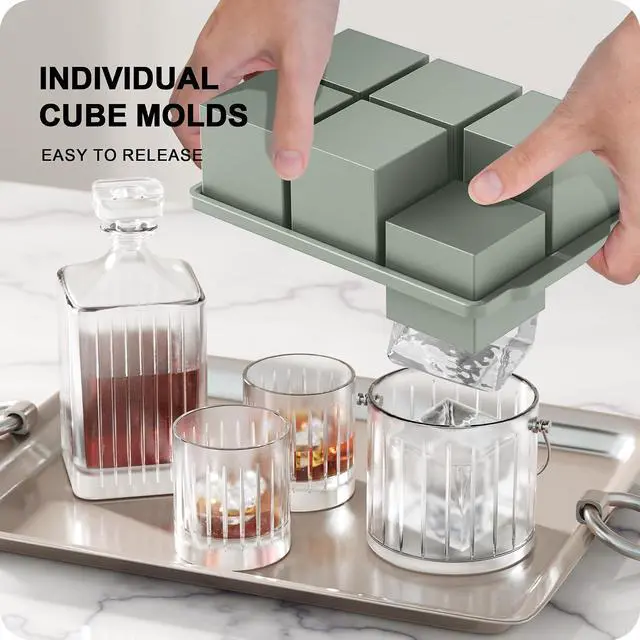 Alt view image 3 of 6 - VLM 3 Packs Large Ice Cube Molds with Stackable Lid,Silicone Ice Cube Tray for Freezer,Big Square Ice Tray for Whiskey,Cocktails,Bourbon and Soups (Neutral)
