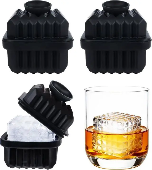 Main image of Large Silicone Ice Cube Tray (3 Pack),Whiskey Ice Cubes Mold,Make 2Inch Square Ice for Whiskey,Cocktails and Drinks,Premium Silicone,BPA Free,Black.