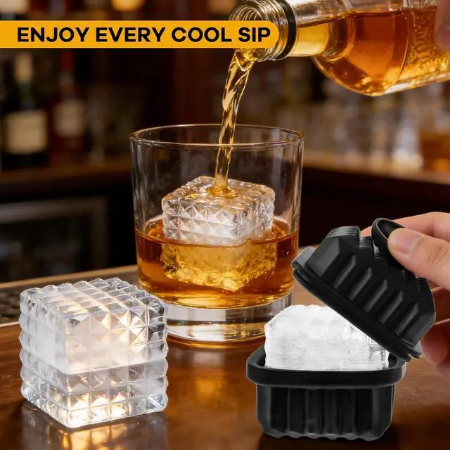 Alt view image 2 of 7 - Large Silicone Ice Cube Tray (3 Pack),Whiskey Ice Cubes Mold,Make 2Inch Square Ice for Whiskey,Cocktails and Drinks,Premium Silicone,BPA Free,Black.