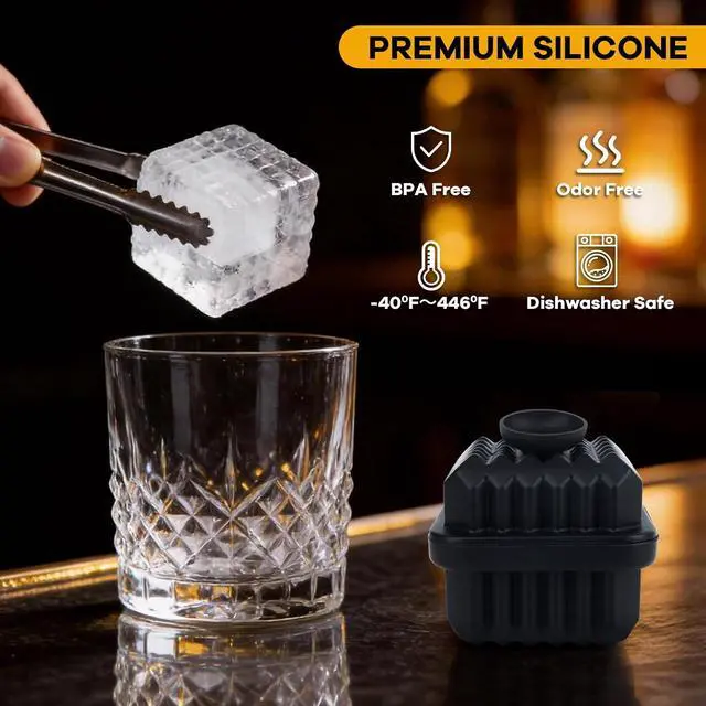 Alt view image 7 of 7 - Large Silicone Ice Cube Tray (3 Pack),Whiskey Ice Cubes Mold,Make 2Inch Square Ice for Whiskey,Cocktails and Drinks,Premium Silicone,BPA Free,Black.