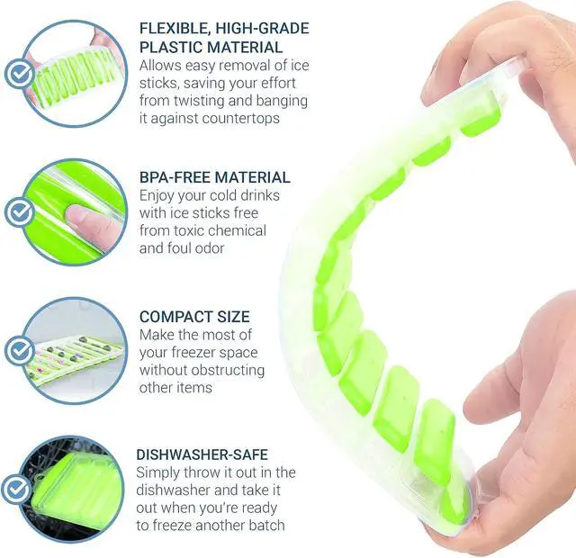 Alt view image 4 of 7 - Meadow Lane Slim Ice Stick Tray for Water Bottles, Green | Makes ten 4.25 x 0.8-inch ice sticks per tray; BPA-free plastic with silicone pushers is dishwasher-safe and stackable.