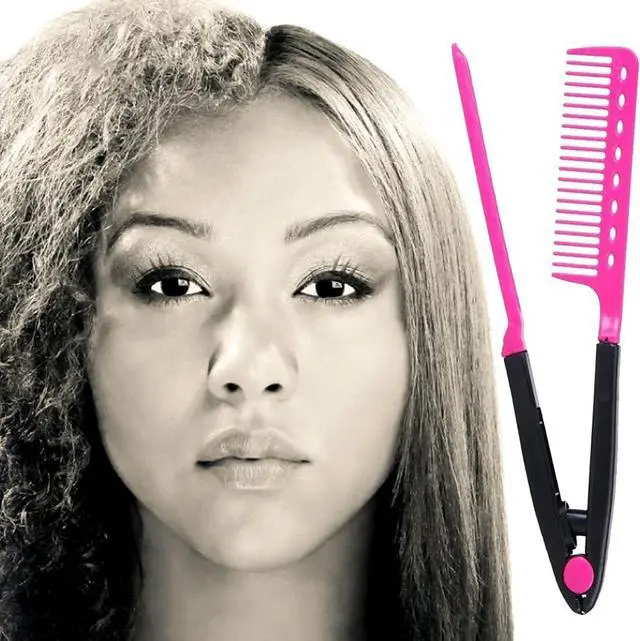 Main image of EasyGlide-V Hair Straightener and Detangler - Rat Tail Style V-Comb for Sectioning, Flat Ironing, Blow Drying, Keratin Comb for Tangled Hair, Spring Grip, Heat Resistant (Pink)