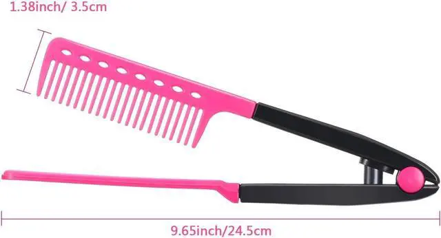Alt view image 2 of 6 - EasyGlide-V Hair Straightener and Detangler - Rat Tail Style V-Comb for Sectioning, Flat Ironing, Blow Drying, Keratin Comb for Tangled Hair, Spring Grip, Heat Resistant (Pink)