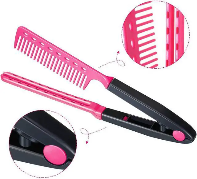 Alt view image 3 of 6 - EasyGlide-V Hair Straightener and Detangler - Rat Tail Style V-Comb for Sectioning, Flat Ironing, Blow Drying, Keratin Comb for Tangled Hair, Spring Grip, Heat Resistant (Pink)