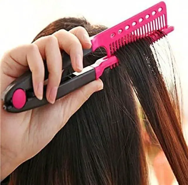 Alt view image 4 of 6 - EasyGlide-V Hair Straightener and Detangler - Rat Tail Style V-Comb for Sectioning, Flat Ironing, Blow Drying, Keratin Comb for Tangled Hair, Spring Grip, Heat Resistant (Pink)