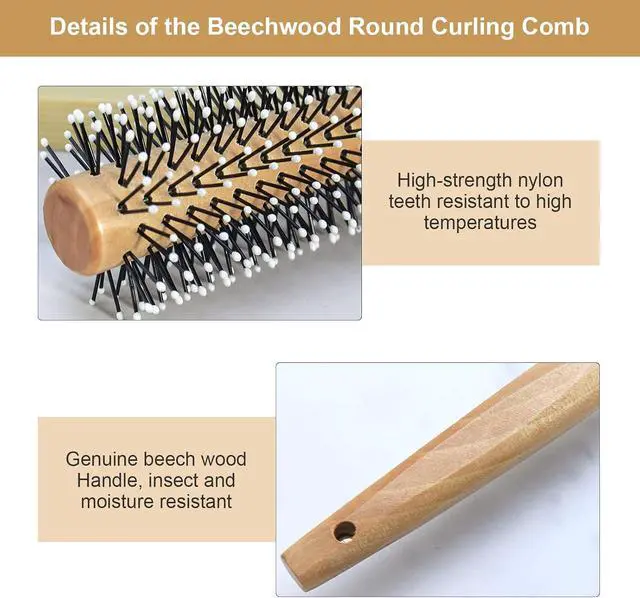 Alt view image 2 of 6 - Round Curling Comb with Original Wooden Handle Made of Pure Beech Wood,Gentle Nylon Bristles,For All Hair Styles,Natural and Gentle Hair Brush (Yellow)