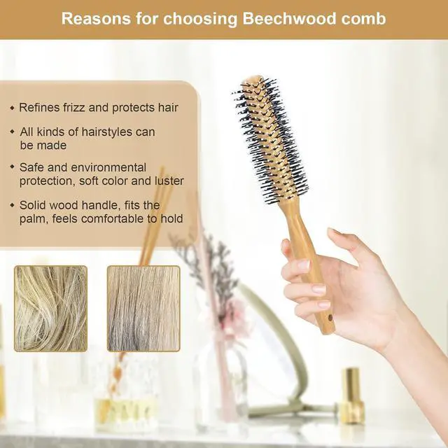 Alt view image 3 of 6 - Round Curling Comb with Original Wooden Handle Made of Pure Beech Wood,Gentle Nylon Bristles,For All Hair Styles,Natural and Gentle Hair Brush (Yellow)