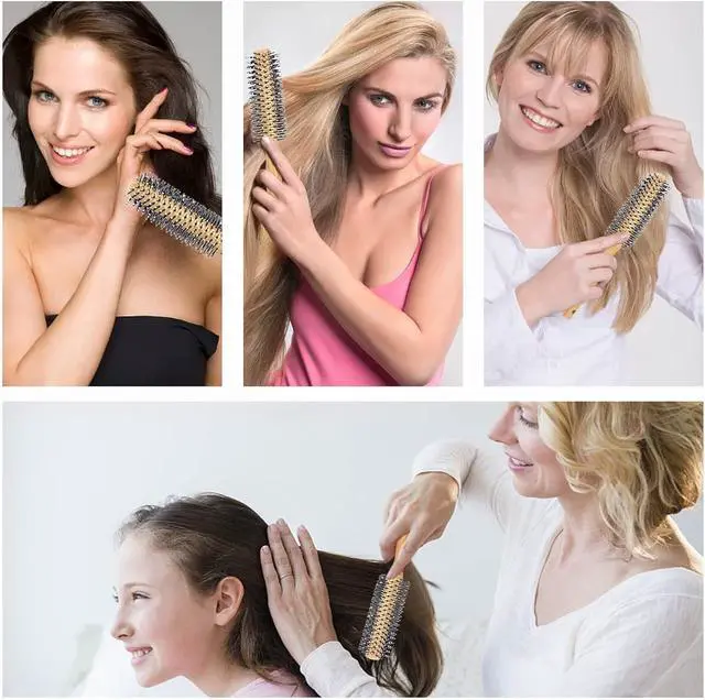 Alt view image 5 of 6 - Round Curling Comb with Original Wooden Handle Made of Pure Beech Wood,Gentle Nylon Bristles,For All Hair Styles,Natural and Gentle Hair Brush (Yellow)
