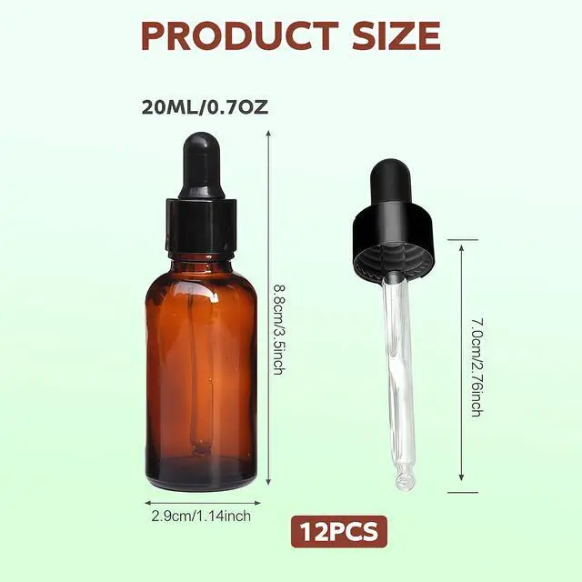 Alt view image 2 of 7 - 12 PCS 20ml Amber Glass Bottles with Eyed Dropper Black Caps Cream Lotion Essential Oil Dispenser Container Storage for Travel Business Trip Camping