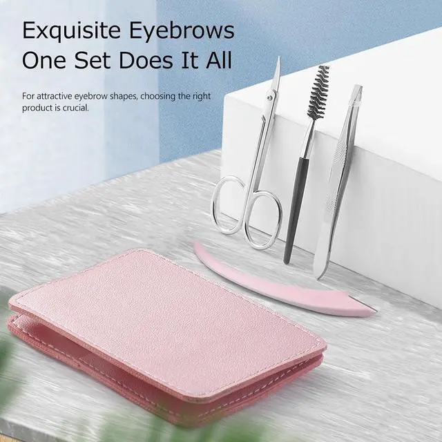 Alt view image 2 of 7 - Eyebrow Trimmer Kit, 5-in-1 Set with Eyebrow Scissors, Eyebrow Razor, Tweezer, Brush, and Mirror for Women, Includes Leather Carry-Around Bag (Pink).