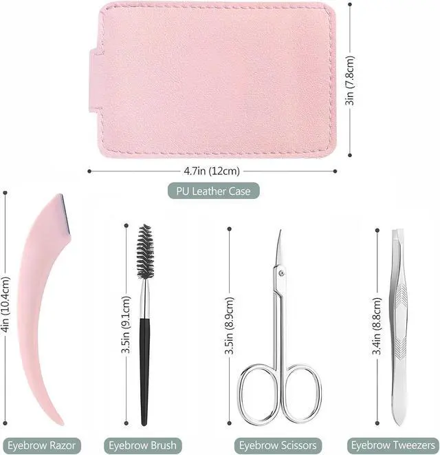 Alt view image 3 of 7 - Eyebrow Trimmer Kit, 5-in-1 Set with Eyebrow Scissors, Eyebrow Razor, Tweezer, Brush, and Mirror for Women, Includes Leather Carry-Around Bag (Pink).