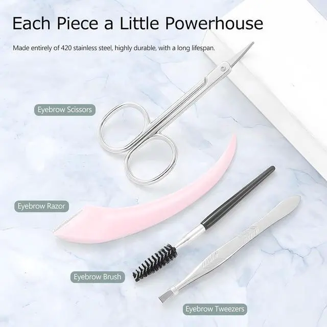 Alt view image 5 of 7 - Eyebrow Trimmer Kit, 5-in-1 Set with Eyebrow Scissors, Eyebrow Razor, Tweezer, Brush, and Mirror for Women, Includes Leather Carry-Around Bag (Pink).