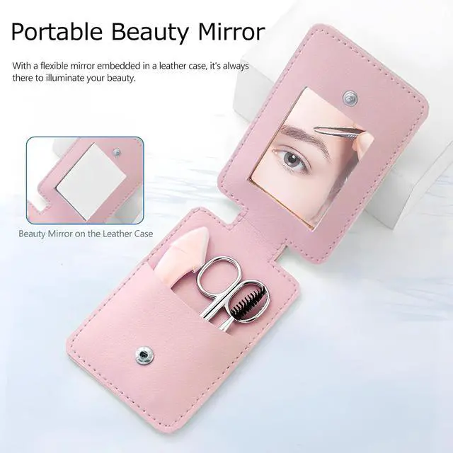 Alt view image 4 of 7 - Eyebrow Trimmer Kit, 5-in-1 Set with Eyebrow Scissors, Eyebrow Razor, Tweezer, Brush, and Mirror for Women, Includes Leather Carry-Around Bag (Pink).