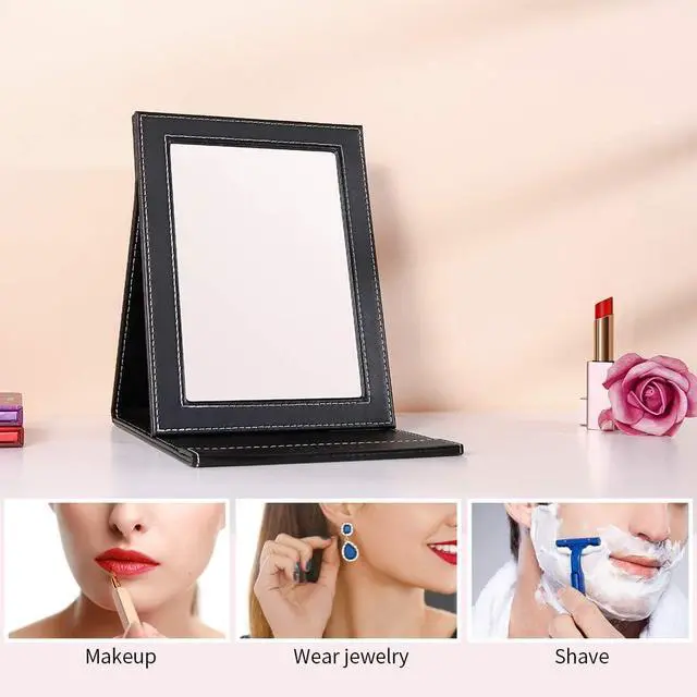 Alt view image 2 of 7 - DUcare Folding Mirror Portable Travel PU Portable Adjustable Rectangular Ultrathin Vanity Mirror with Stand, for Travel, Camping,Home