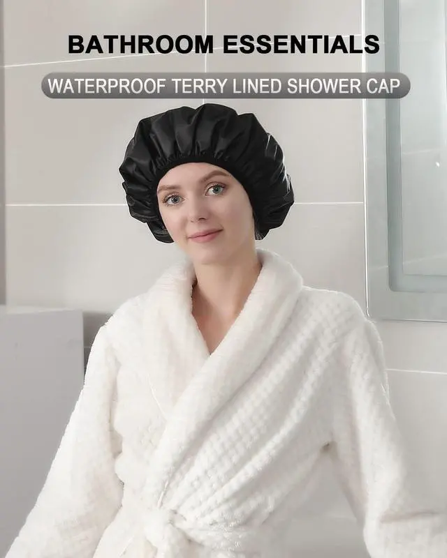 Alt view image 3 of 7 - YIZIJIZI Shower Cap for Women, Terry Lined Triple Layer Waterproof