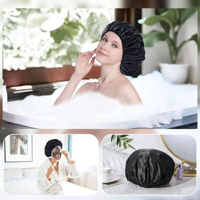 Alt view image 5 of 7 - YIZIJIZI Shower Cap for Women, Terry Lined Triple Layer Waterproof