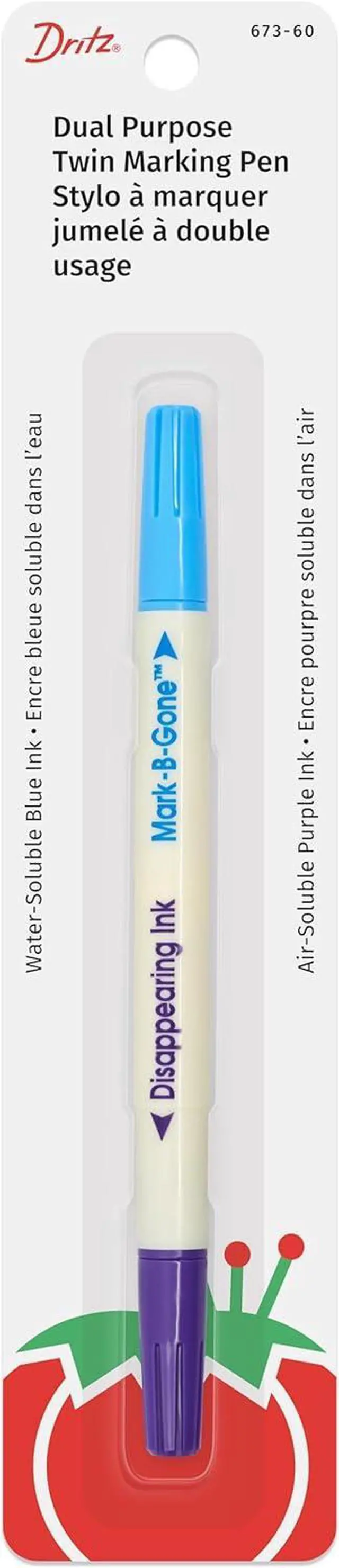 Main image of Dritz Dual Purpose Disappearing Ink & Mark-B-Gone, Marking Pen, Blue and Purple, 8.75 x 2.88 x 0.5 | Disappearing Ink & Mark-B-Gone Fabric Marking Pen