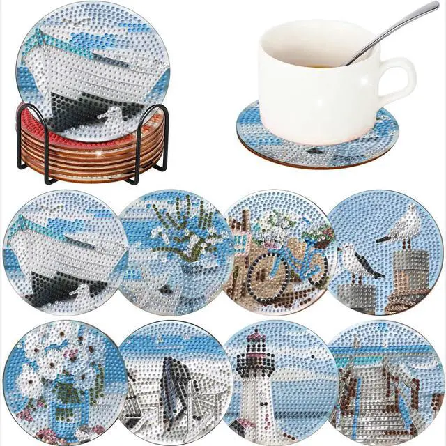 Main image of 8 Pcs Beach Diamond Art Coasters for Adults, Retro Diamond Painting Coasters with Holder, Non-Slip Cork Base, Easy DIY Beginner Gem Art Kits, Handmade Table Decor for Gifts Bar Kitchen Decoration