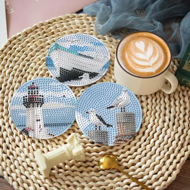 Alt view image 3 of 7 - 8 Pcs Beach Diamond Art Coasters for Adults, Retro Diamond Painting Coasters with Holder, Non-Slip Cork Base, Easy DIY Beginner Gem Art Kits, Handmade Table Decor for Gifts Bar Kitchen Decoration