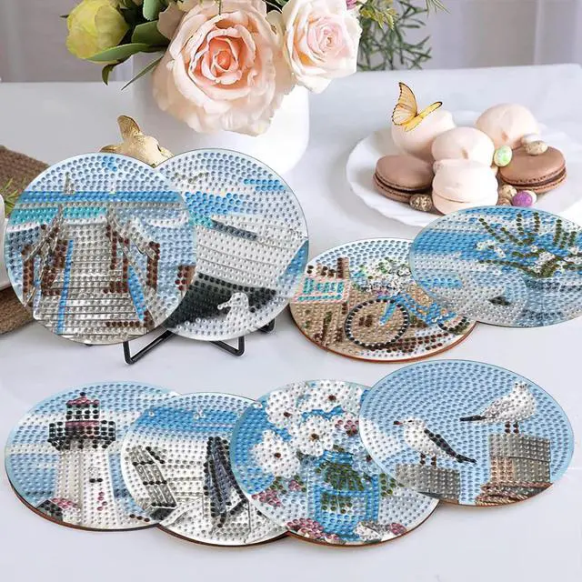 Alt view image 2 of 7 - 8 Pcs Beach Diamond Art Coasters for Adults, Retro Diamond Painting Coasters with Holder, Non-Slip Cork Base, Easy DIY Beginner Gem Art Kits, Handmade Table Decor for Gifts Bar Kitchen Decoration