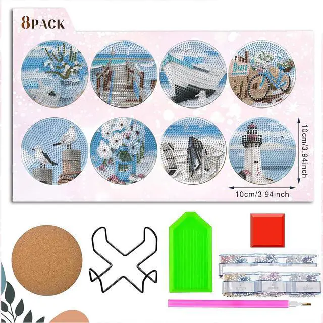 Alt view image 4 of 7 - 8 Pcs Beach Diamond Art Coasters for Adults, Retro Diamond Painting Coasters with Holder, Non-Slip Cork Base, Easy DIY Beginner Gem Art Kits, Handmade Table Decor for Gifts Bar Kitchen Decoration