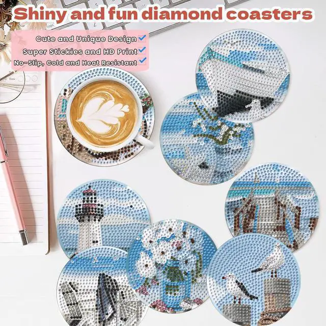 Alt view image 5 of 7 - 8 Pcs Beach Diamond Art Coasters for Adults, Retro Diamond Painting Coasters with Holder, Non-Slip Cork Base, Easy DIY Beginner Gem Art Kits, Handmade Table Decor for Gifts Bar Kitchen Decoration