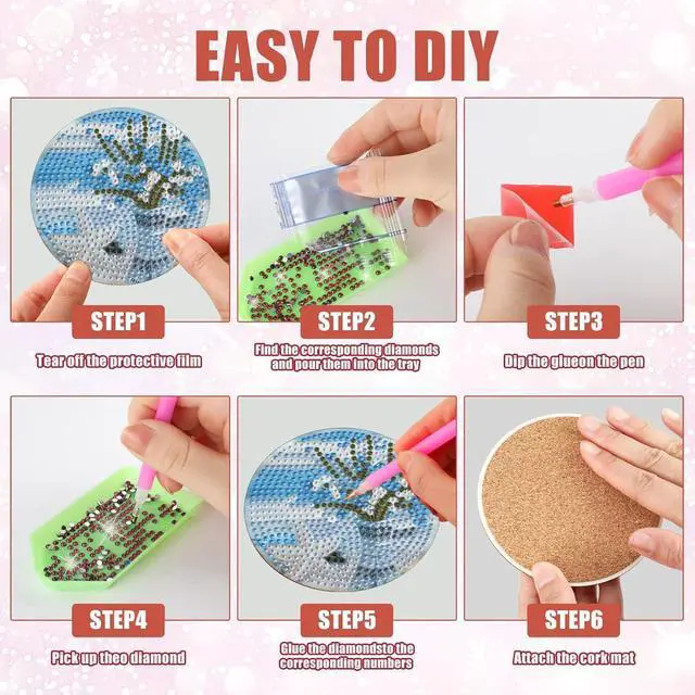 Alt view image 7 of 7 - 8 Pcs Beach Diamond Art Coasters for Adults, Retro Diamond Painting Coasters with Holder, Non-Slip Cork Base, Easy DIY Beginner Gem Art Kits, Handmade Table Decor for Gifts Bar Kitchen Decoration