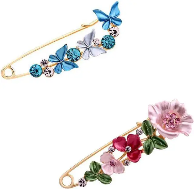 Main image of Flower Safety Decorative Pins Brooch Clip, 2PCS Crystal Flower Safety Decorative Brooches Pins, Metal Flower Safety Decorative Pins for Clothing Scarves Shawl Buttons Christmas Gift