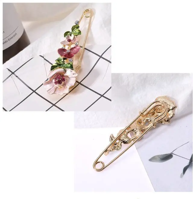 Alt view image 3 of 7 - Flower Safety Decorative Pins Brooch Clip, 2PCS Crystal Flower Safety Decorative Brooches Pins, Metal Flower Safety Decorative Pins for Clothing Scarves Shawl Buttons Christmas Gift
