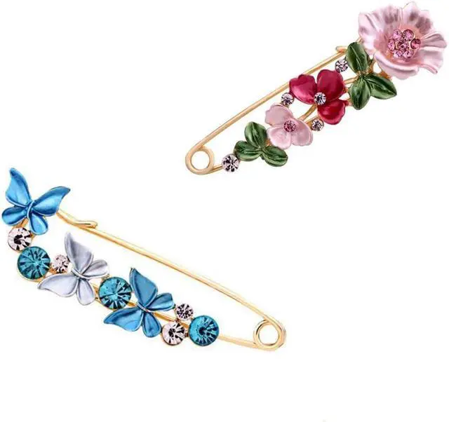 Alt view image 4 of 7 - Flower Safety Decorative Pins Brooch Clip, 2PCS Crystal Flower Safety Decorative Brooches Pins, Metal Flower Safety Decorative Pins for Clothing Scarves Shawl Buttons Christmas Gift