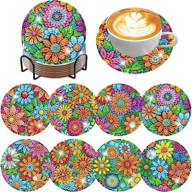 Main image of ijbnhd 8 Pcs Flowers Diamond Art Coasters with Holder (Cork Wooden Pad) | DIY Flowers Diamond Painting Coasters 5D Diamond Art Coaster with Cork Pads for Adults for Holiday Gift
