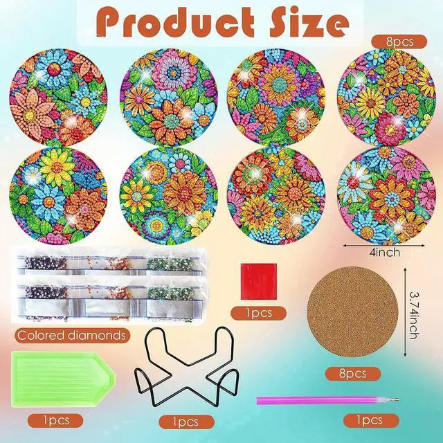 Alt view image 3 of 7 - ijbnhd 8 Pcs Flowers Diamond Art Coasters with Holder (Cork Wooden Pad) | DIY Flowers Diamond Painting Coasters 5D Diamond Art Coaster with Cork Pads for Adults for Holiday Gift