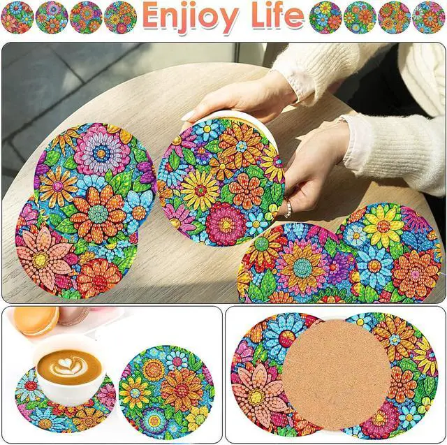 Alt view image 2 of 7 - ijbnhd 8 Pcs Flowers Diamond Art Coasters with Holder (Cork Wooden Pad) | DIY Flowers Diamond Painting Coasters 5D Diamond Art Coaster with Cork Pads for Adults for Holiday Gift