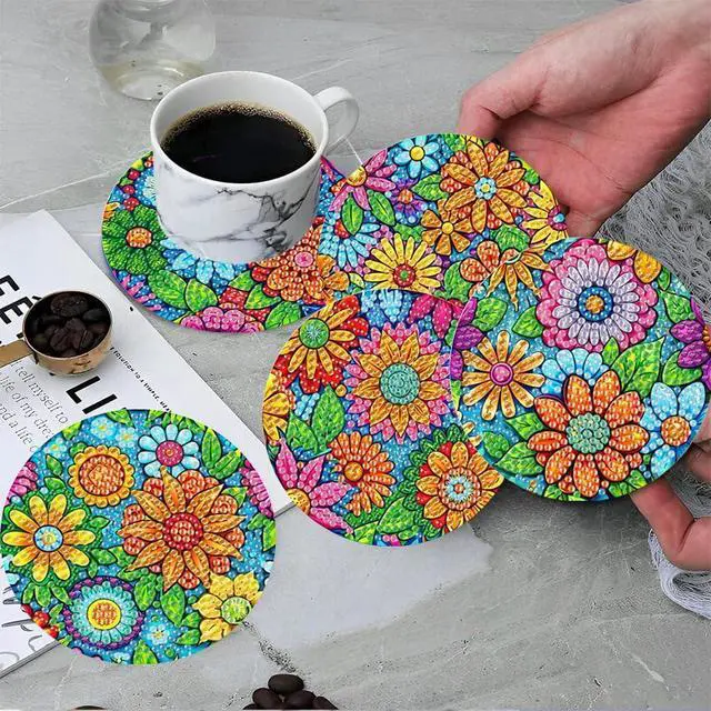 Alt view image 5 of 7 - ijbnhd 8 Pcs Flowers Diamond Art Coasters with Holder (Cork Wooden Pad) | DIY Flowers Diamond Painting Coasters 5D Diamond Art Coaster with Cork Pads for Adults for Holiday Gift