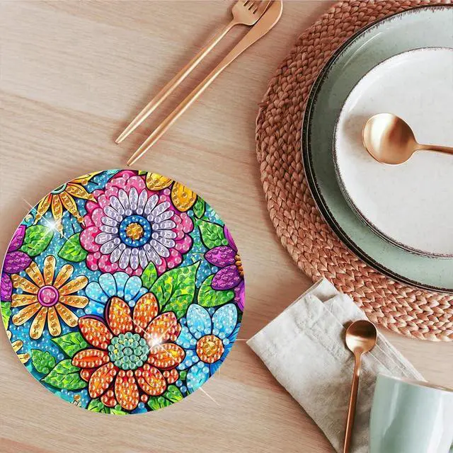 Alt view image 7 of 7 - ijbnhd 8 Pcs Flowers Diamond Art Coasters with Holder (Cork Wooden Pad) | DIY Flowers Diamond Painting Coasters 5D Diamond Art Coaster with Cork Pads for Adults for Holiday Gift