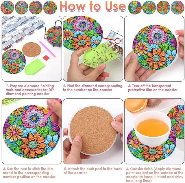 Alt view image 6 of 7 - ijbnhd 8 Pcs Flowers Diamond Art Coasters with Holder (Cork Wooden Pad) | DIY Flowers Diamond Painting Coasters 5D Diamond Art Coaster with Cork Pads for Adults for Holiday Gift
