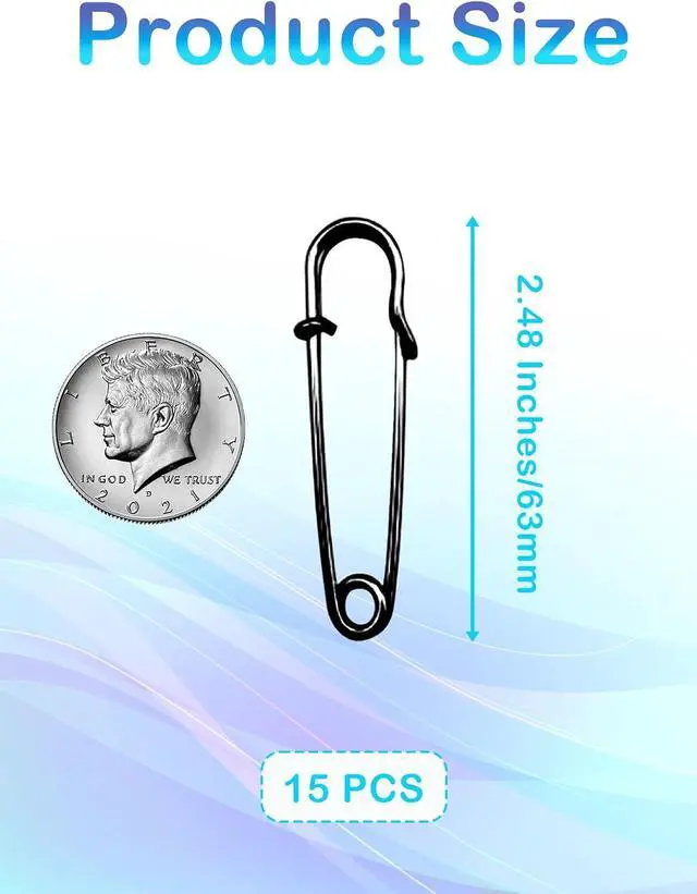 Alt view image 2 of 6 - Large Safety Pins,15Pcs 63mm/2.5" Large Safety Pins Heavy Duty Metal Big Safety Pin for Clothes Extra Giant Safety Pin for Fixed Blankets,Shawl,Skirts Black Clothes Pins for Thick Fabric,Leather