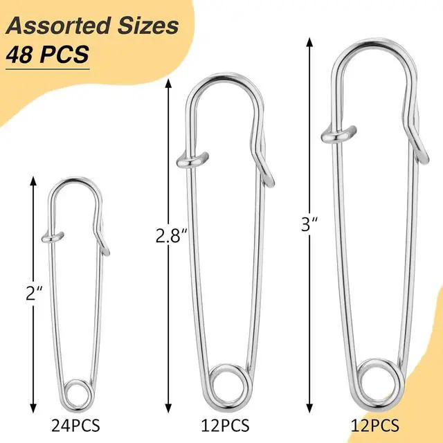 Alt view image 2 of 7 - WISYOK 48Pcs Large Safety Pins, Assorted Sizes, Heavy Duty | Stainless Steel, Strong & Bulk, Ideal for Clothes, Blankets, Crafts, Kilts, Sewing, DIY
