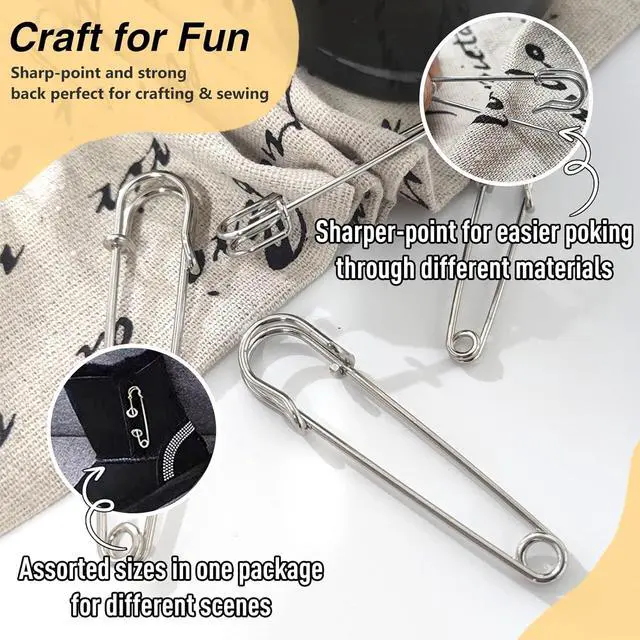 Alt view image 3 of 7 - WISYOK 48Pcs Large Safety Pins, Assorted Sizes, Heavy Duty | Stainless Steel, Strong & Bulk, Ideal for Clothes, Blankets, Crafts, Kilts, Sewing, DIY