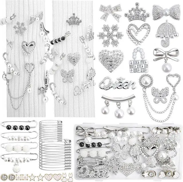 Main image of RQAYE 80pcs Junk Socks Charms Kit, Gold Brooches and Pins for Women,Pearl and Rhinestone Shoe Charms with Safety Pins for Hat Clothes Bags